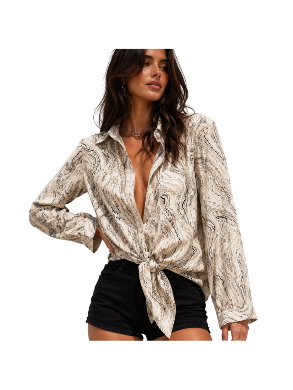Princess polly 6 Marble Print Button-Up tunic Abstract Swirl Long Sleeve top EUC